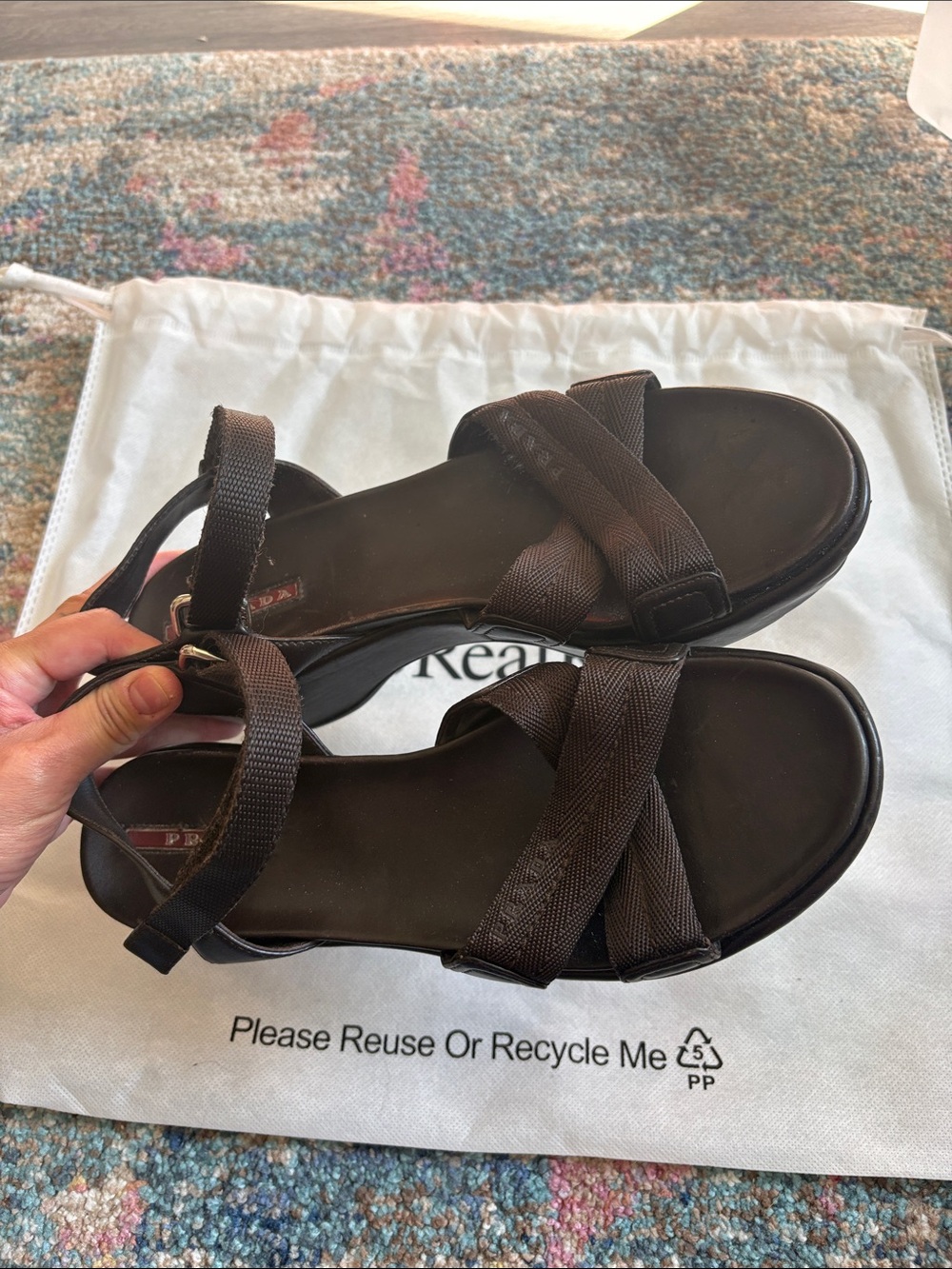 Prada dark brown/Black Leather and Webbing Crisscross Sandals w Velcro strap - Picture 4 of 4